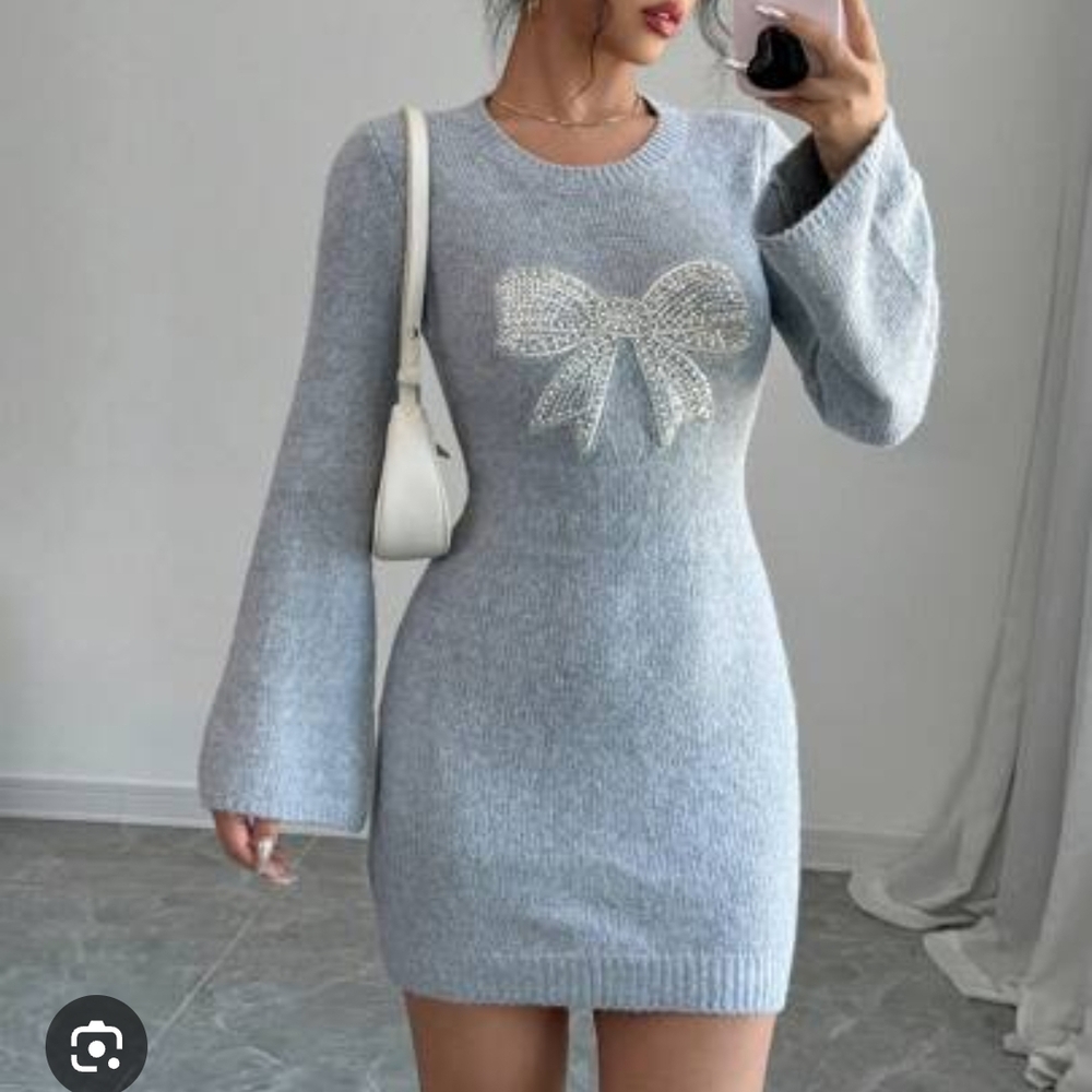 Chiquease Bow Collar Elegant Long Sleeve Sweater Dress